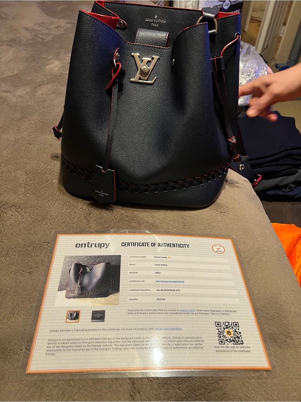 Louis Vuitton Black Leather Bucket Bag with Red Trim